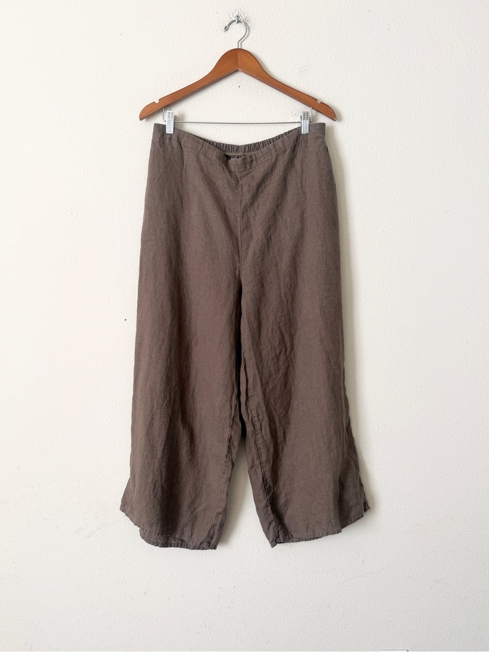 FLAX LARGE 100% linen high rise cropped length wide leg pants in brown